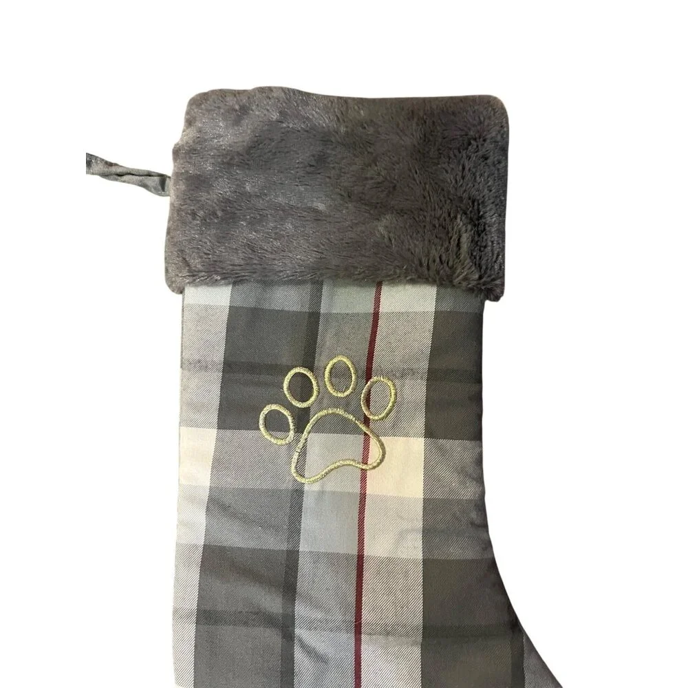 Dog Christmas Stocking Gray Plaid Paw Print Pet Holiday Stocking Faux Fur Cuff U
